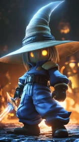 Arcane chibi swordsman under volumetric forge lighting.