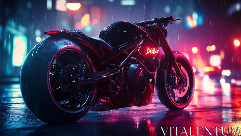 Neon storm racer idles in rainlit cyberpunk midnight streets.