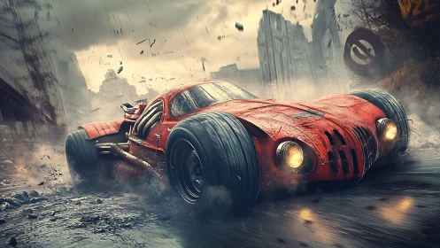 Apocalyptic crimson racer shreds a storm-swept city street.