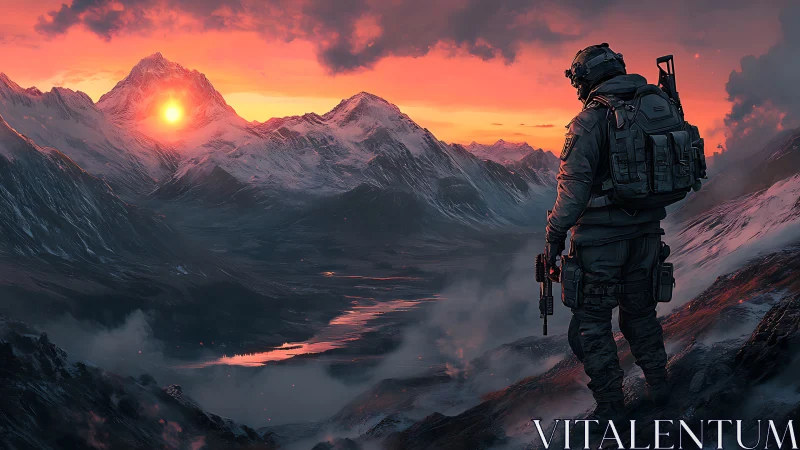 Lone soldier quietly admires a blazing mountain sunrise