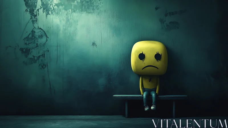 Sad yellow cartoon figure on bench in dark empty room.