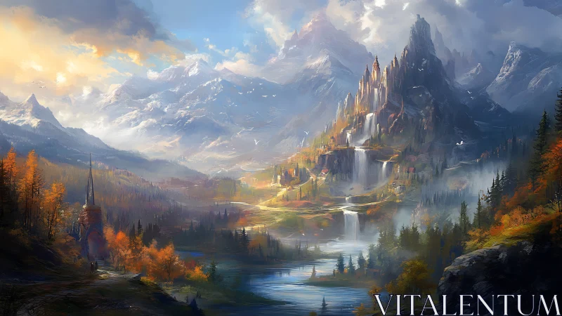 Mountain valley landscape shows waterfalls, river and towers