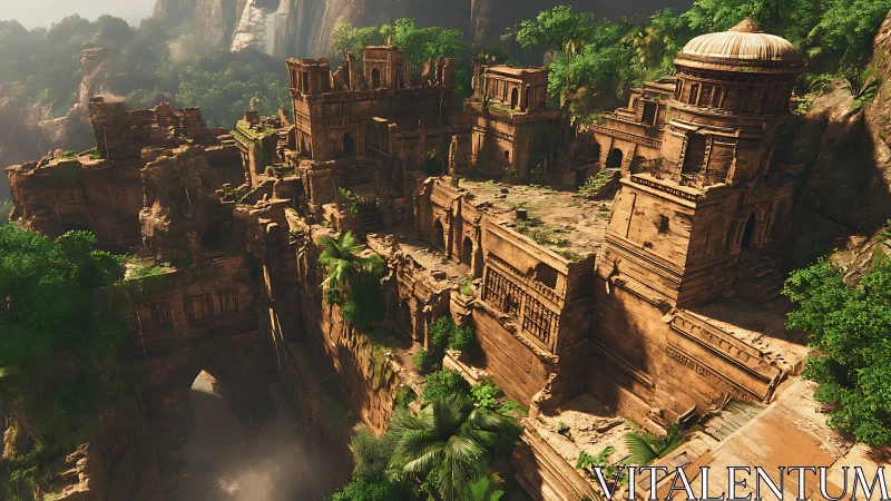 Sunlit sandstone jungle citadel in deep canyon environment