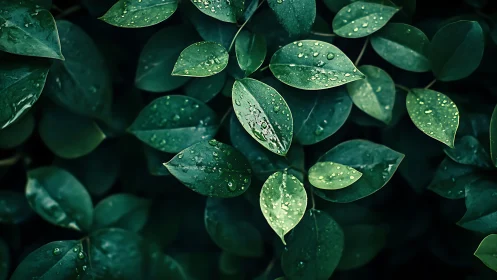 Gentle raindrops rest softly on deep green garden leaves