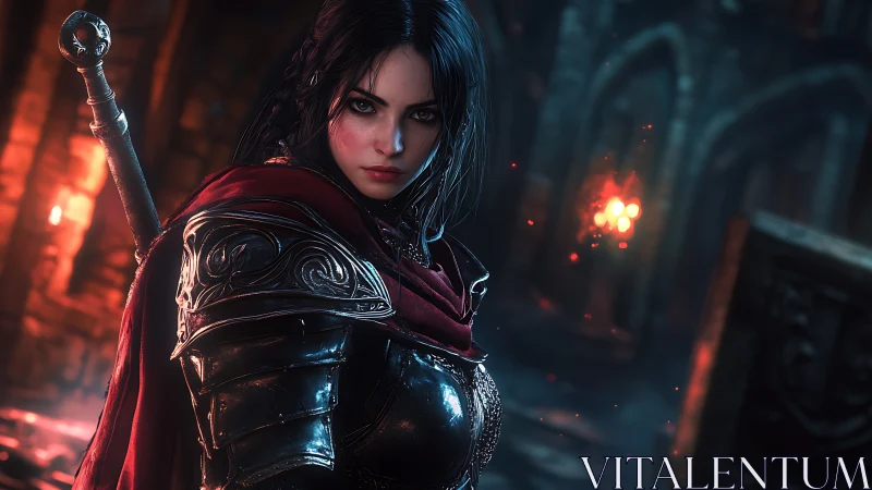 Armored sorceress in dim cathedral corridor under dual-color lighting