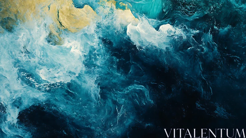 Abstract aerial seascape renders turbulent cyan and gold currents