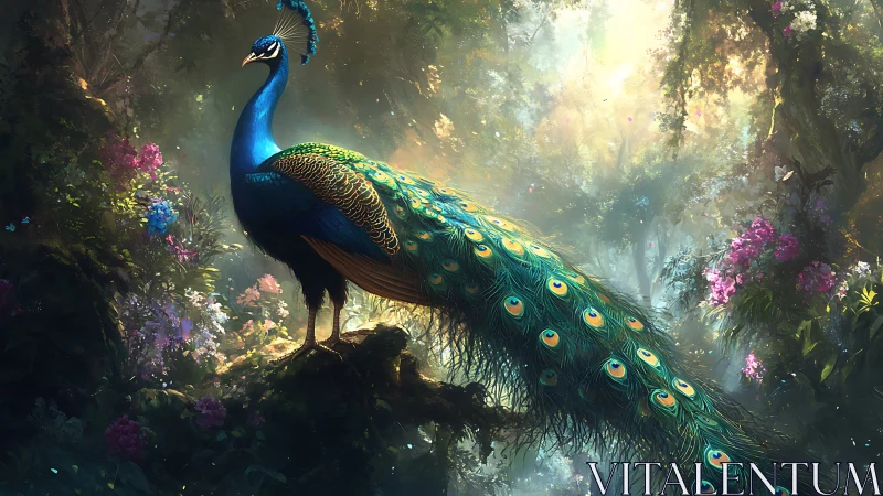 Iridescent peacock rendered in luminous high-detail forest lighting