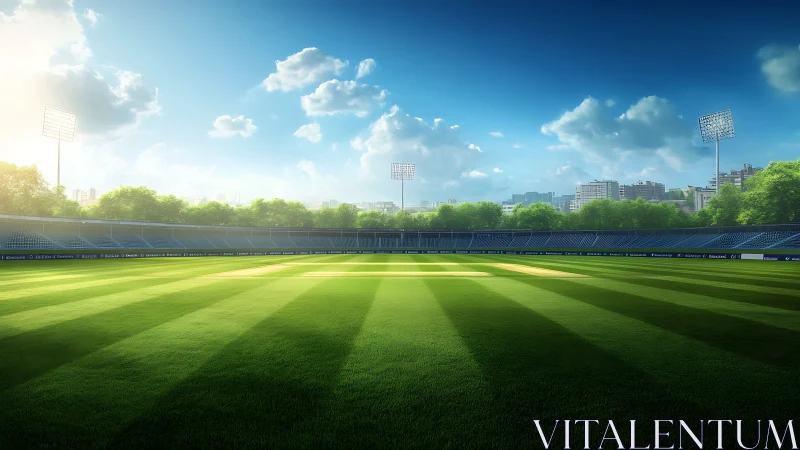 Empty cricket stadium under bright sky and city skyline.