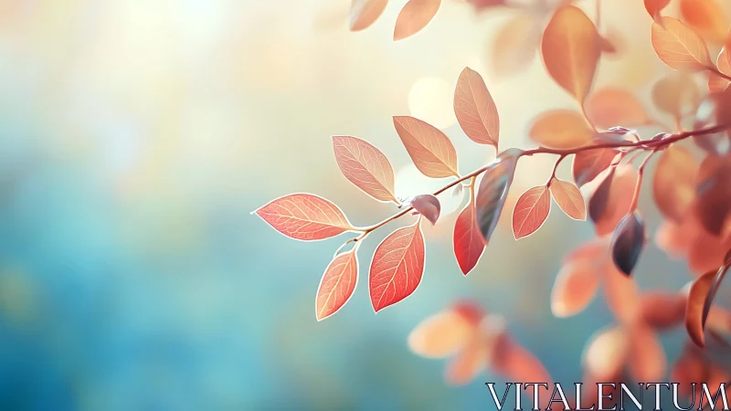 Delicate Autumn Leaves on Branch, Soft Pastel Nature Artwork.