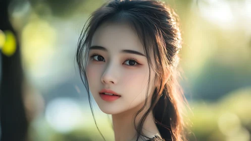 Softly lit portrait of a young woman in dreamy greenery.