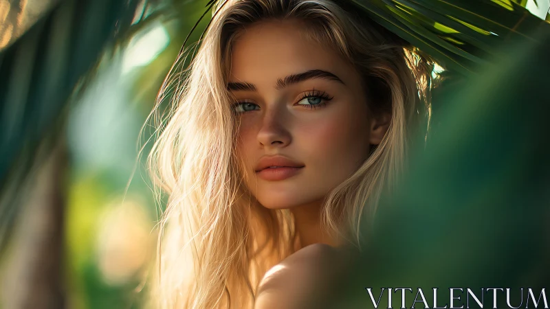 Blonde woman portrait framed by soft tropical foliage.