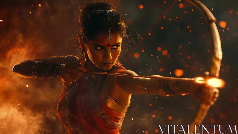 Warrior archer in ember haze holds drawn bow with intense focus