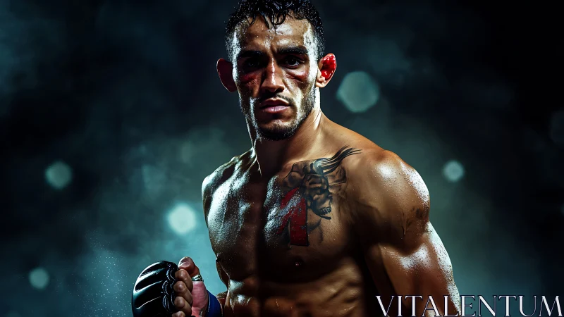 Photorealistic portrait of bruised MMA fighter under arena lights.