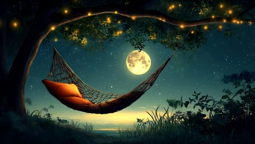 Luminous lunar hammock beneath arborial bokeh canopy at dusk.
