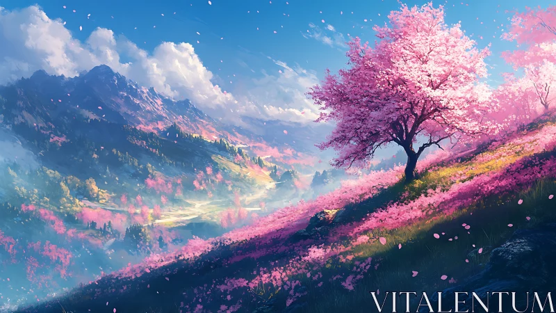 Digital landscape shows sloped meadow with pink-blossom tree