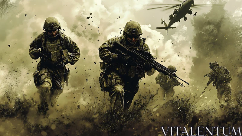 Armed soldiers advance through smoky battlefield under helicopter