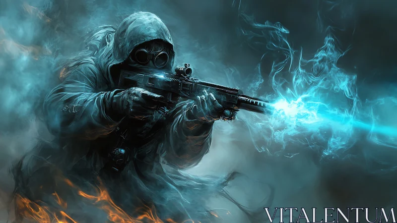 Hooded sniper unleashes blazing blue energy shot in fog.
