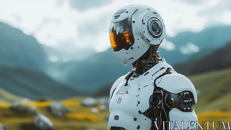 Humanoid white robot stands in outdoor mountainous landscape