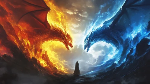 Two elemental dragons confront a lone figure between fire and ice