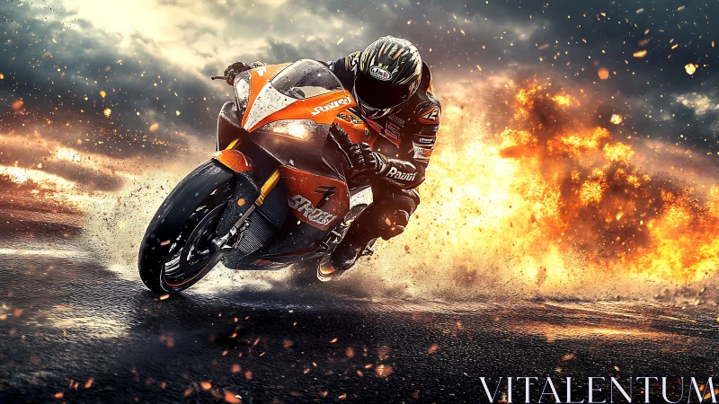 Superbike racer powers through fiery cinematic storm.