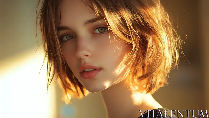 Soft sunset portrait of short-haired woman in warm glow.