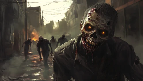 Zombie horde advancing through burning urban alley at dusk.