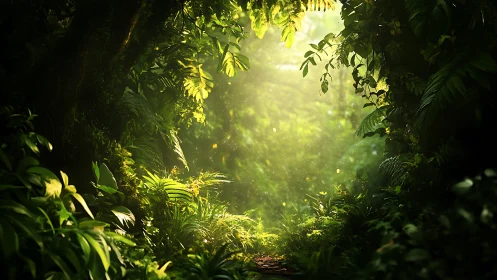 Sunlit jungle canopy with ethereal golden light filtering through dense foliage