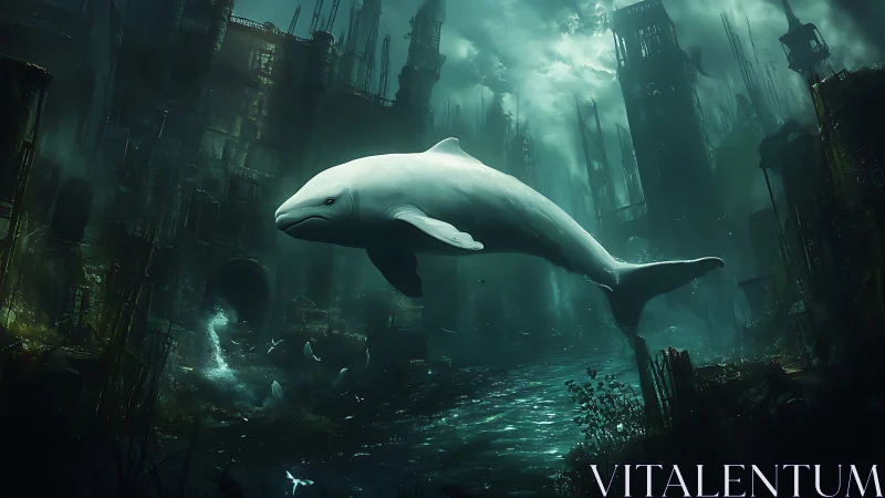 Post-apocalyptic beluga drift in flooded ruination.