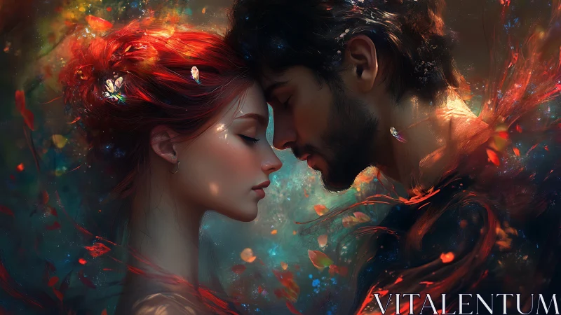 Two figures in profile surrounded by glowing particle effects