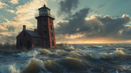 Storm-worn brick lighthouse braves a wild, rising sea.