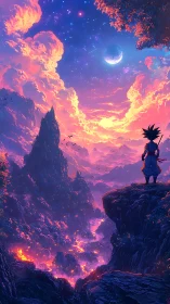 Young adventurer welcomes a glowing cosmic sunset sky