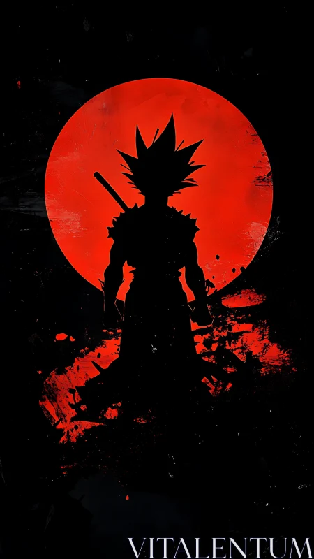 Samurai warrior silhouette before red moon burst.