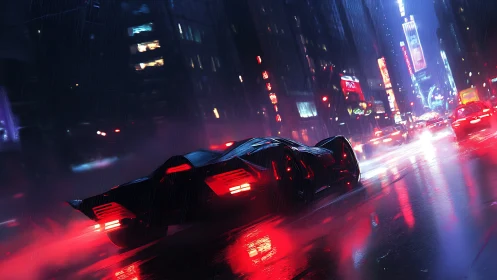 Futuristic supercar races through neon soaked midnight rain