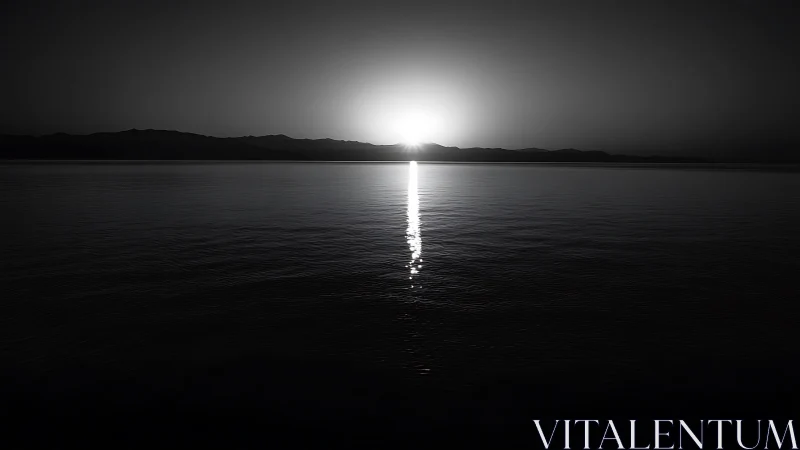 Black and white seascape captures sun setting behind ridge