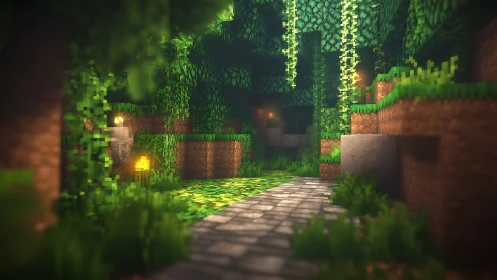 Minecraft-style cavern with ivy-covered walls and luminescent pathways