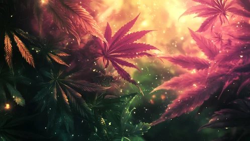 Luminous cannabis leaves under glowing sunset haze.