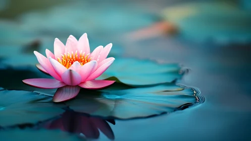 Serene pink water lily floating on glassy teal pond.