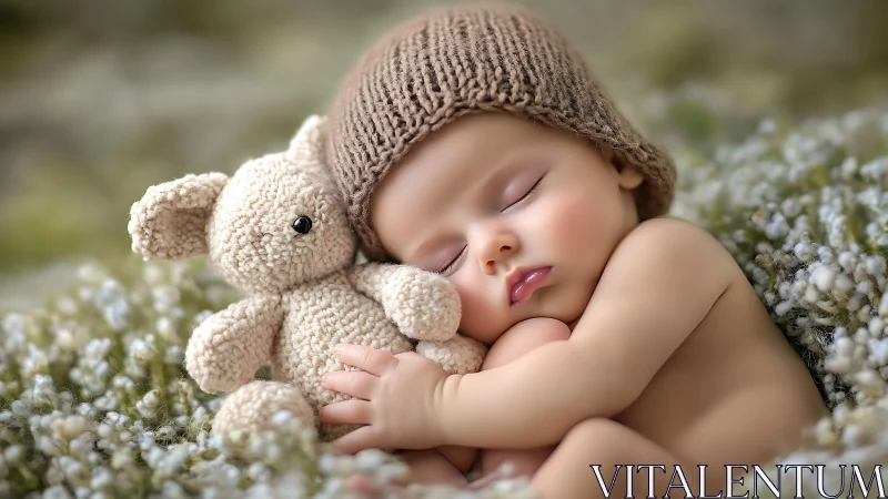 Infant sleeping with plush toy on soft textured surface.