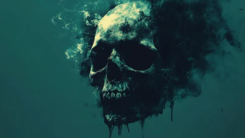 Smoldering digital skull dissolving into smoky darkness.