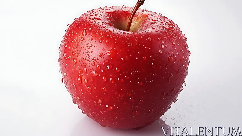 Glistening red apple stands against clean white backdrop.
