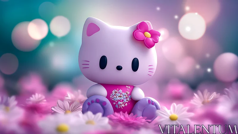 Blossom-bright kitty idol resting in dreamy pastel meadow.