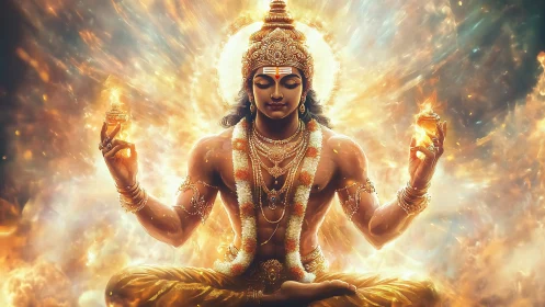 Divine male figure sits meditating within radiant flames