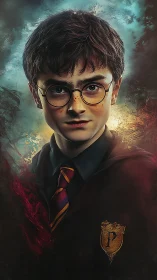 Portrait of young robed student with tie and crest emblem.