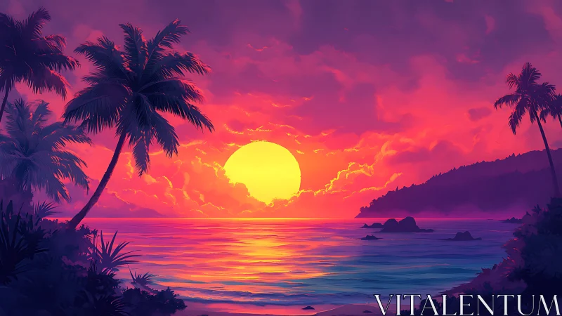 Tropical coastline with stylized sunset over calm ocean waters.