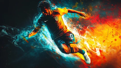 Dynamic soccer striker bursts through swirling neon flames.