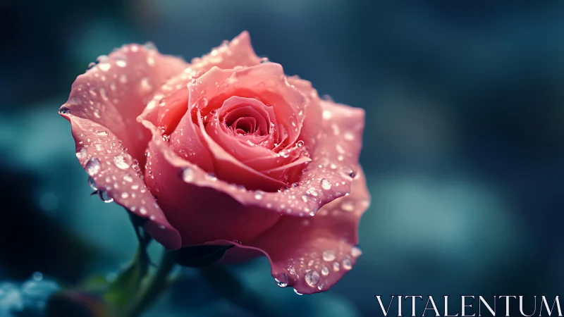 Pink Rose with Dewdrops in Soft Light.