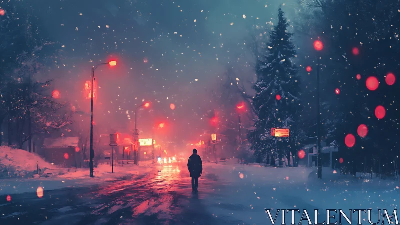 Nocturnal winter streetscape with volumetric neon snowfall.