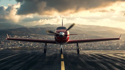 Crimson propeller plane poised above a sunlit city runway.