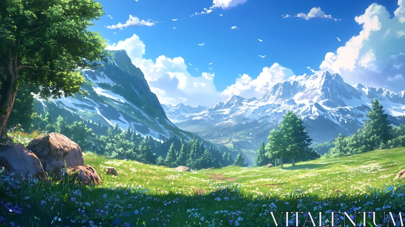 Sunlit alpine meadow opening toward bright snowy peaks.