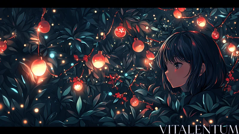 Quiet girl beneath glowing garden lanterns at night.